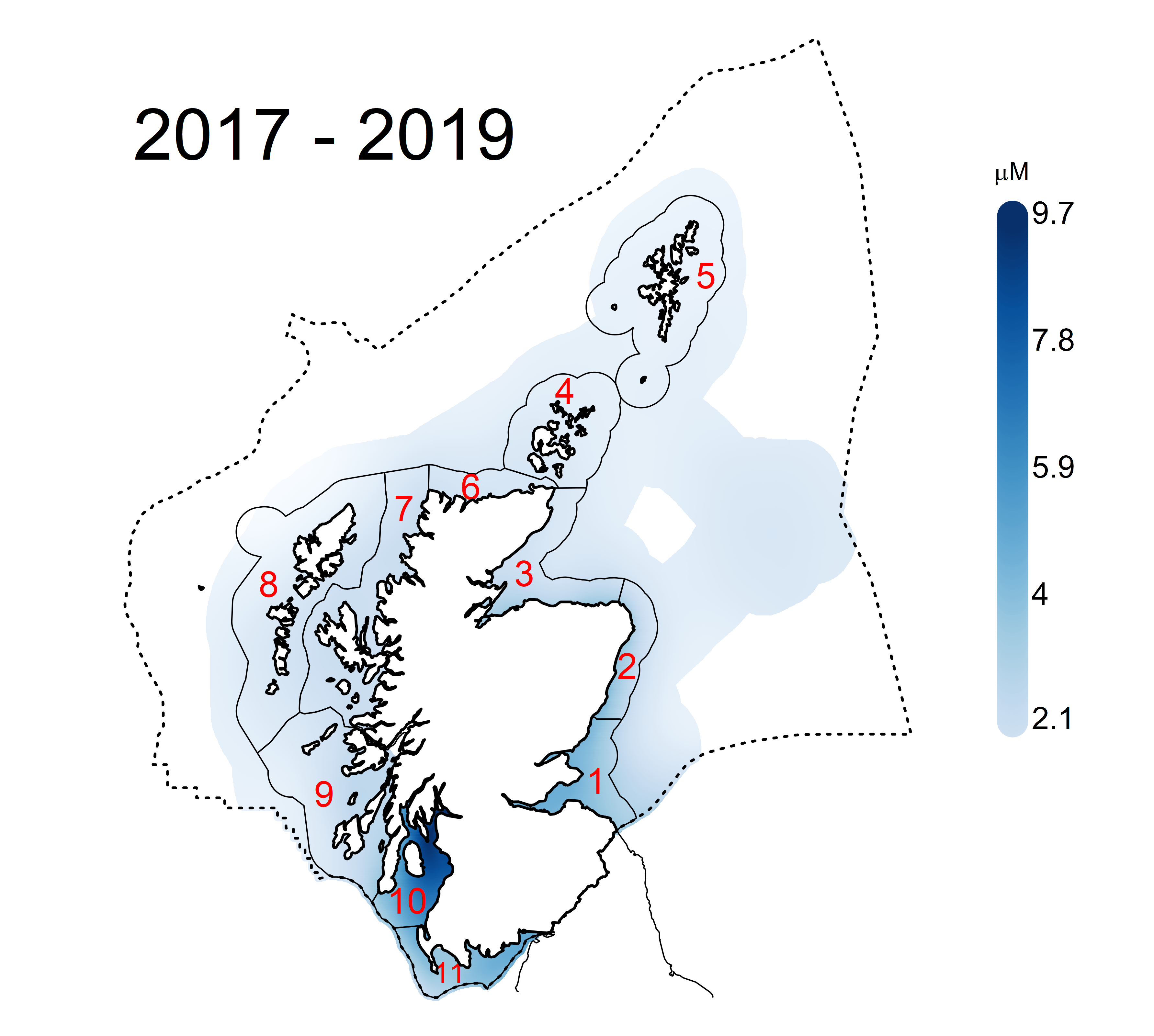 Figure h: Summary plot of modelled dissolved silicate (DSi) for winters 2007-2019. 