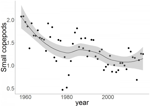 Trends in log10+1 annual abundances of small copepods: CPR-Long Forties
