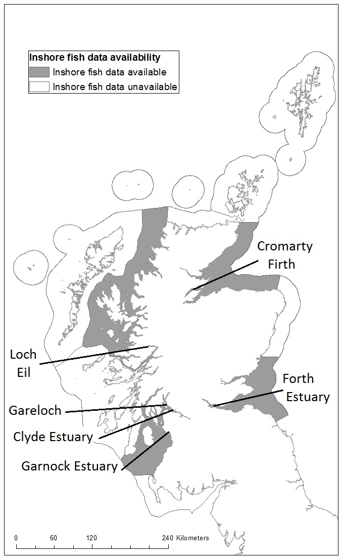Figure 1: The water bodies used for the WFD monitoring. Scottish Marine Regions included.